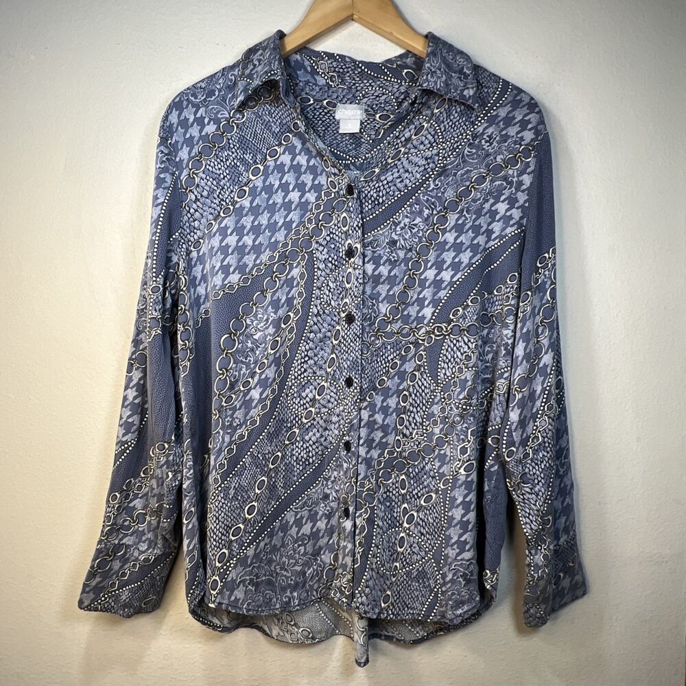 Chico's 2 large Sandwashed Satin Mixed Print Button Up silky cottagecore casual